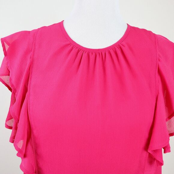 Ann Taylor Size M Flutter Sleeve Blouse Crinkle Chiffon Fuchsia Pink - Picture 8 of 12